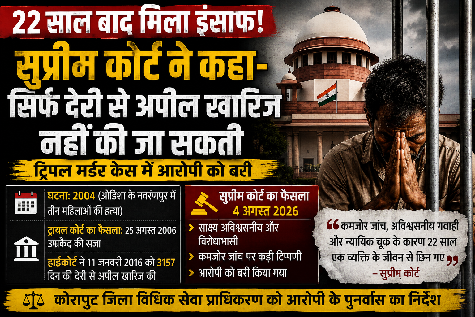 22 साल जेल में काटने के बाद मिला इंसाफ! ट्रिपल मर्डर केस में सुप्रीम कोर्ट ने आरोपी को किया बरी, कहा- कमजोर जांच और अविश्वसनीय गवाही ने छीन लिए जिंदगी के 22 साल